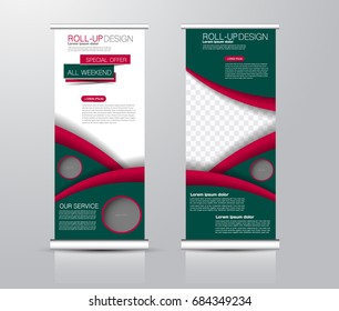 Roll up banner stand template. Abstract background for design,  business, education, advertisement.  Red and green color. Vector  illustration