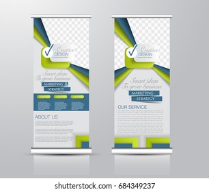 Roll up banner stand template. Abstract background for design,  business, education, advertisement.  Blue and green color. Vector  illustration