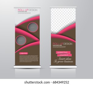 Roll up banner stand template. Abstract background for design,  business, education, advertisement.  Pink and brown color. Vector  illustration