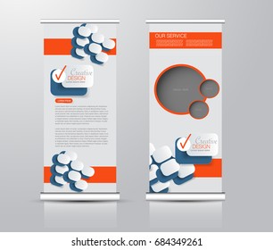 Roll up banner stand template. Abstract background for design,  business, education, advertisement.  Blue and orange color. Vector  illustration