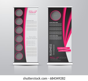 Roll up banner stand template. Abstract background for design,  business, education, advertisement. Pink and black color. Vector  illustration