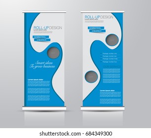 Roll up banner stand template. Abstract background for design,  business, education, advertisement.  Blue color. Vector  illustration