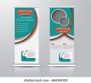 Roll up banner stand template. Abstract background for design,  business, education, advertisement. Orange and green color. Vector  illustration