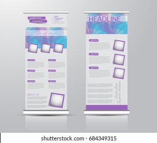Roll up banner stand template. Abstract background for design,  business, education, advertisement.  Blue and purple color. Vector  illustration