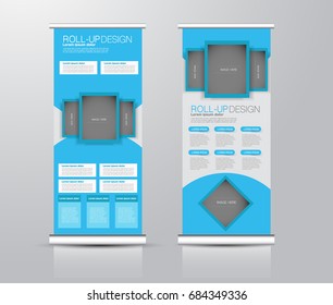 Roll up banner stand template. Abstract background for design,  business, education, advertisement.  Blue color. Vector  illustration
