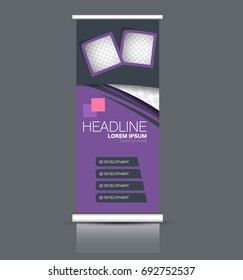 Roll up banner stand template. Abstract banner background for design,  business, education, advertisement. Pink and purple color. Vector  illustration.