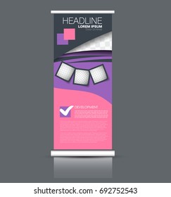 Roll up banner stand template. Abstract banner background for design,  business, education, advertisement. Pink and purple color. Vector  illustration.