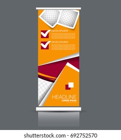 Roll up banner stand template. Abstract banner background for design,  business, education, advertisement. Orange and red color. Vector  illustration.