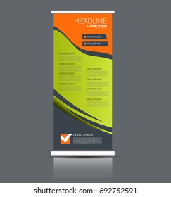 Roll up banner stand template. Abstract banner background for design,  business, education, advertisement. Green and orange color. Vector  illustration.