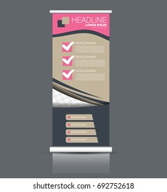 Roll up banner stand template. Abstract banner background for design,  business, education, advertisement. Pink and brown color. Vector  illustration.