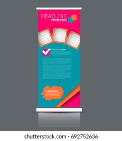Roll up banner stand template. Abstract banner background for design,  business, education, advertisement. Blue and pink color. Vector  illustration.