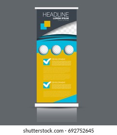 Roll up banner stand template. Abstract banner background for design,  business, education, advertisement. Blue and yellow color. Vector  illustration.