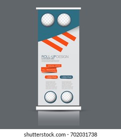 Roll up banner stand template. Abstract background for design,  business, education, advertisement. Vector  illustration. Blue and orange color.
