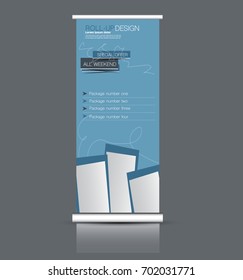 Roll up banner stand template. Abstract background for design,  business, education, advertisement. Vector  illustration. Blue color.