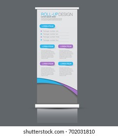 Roll up banner stand template. Abstract background for design,  business, education, advertisement. Vector  illustration. Blue and purple color.