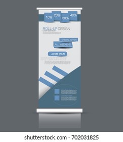 Roll up banner stand template. Abstract background for design,  business, education, advertisement. Vector  illustration. Blue color.