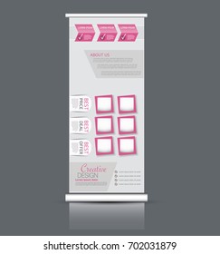 Roll up banner stand template. Abstract background for design,  business, education, advertisement. Vector  illustration. Pink color.