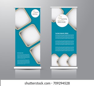 Roll up banner stand template. Abstract background for design,  business, education, advertisement. Blue and brown color. Vector  illustration.