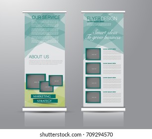 Roll up banner stand template. Abstract background for design,  business, education, advertisement. Green color. Vector  illustration.