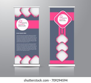 Roll up banner stand template. Abstract background for design,  business, education, advertisement. Pink and grey color. Vector  illustration.