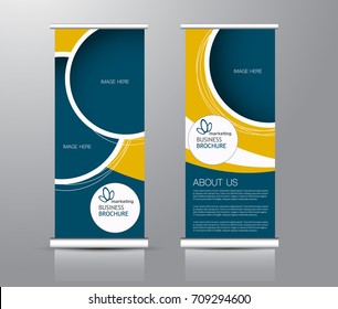 Roll up banner stand template. Abstract background for design,  business, education, advertisement. Blue and yellow color. Vector  illustration.