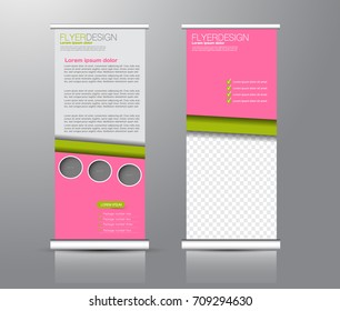Roll up banner stand template. Abstract background for design,  business, education, advertisement. Pink and green color. Vector  illustration.