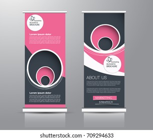Roll up banner stand template. Abstract background for design,  business, education, advertisement. Pink and grey color. Vector  illustration.