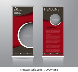 Roll up banner stand template. Abstract background for design,  business, education, advertisement. Broen and red color. Vector  illustration.
