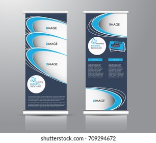 Roll up banner stand template. Abstract background for design,  business, education, advertisement. Blue color. Vector  illustration.