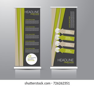 Roll up banner stand template. Abstract background for design,  business, education, advertisement. Green and brown color. Vector  illustration.