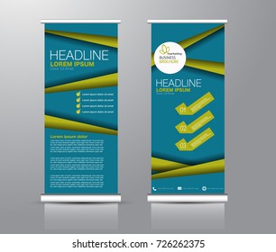 Roll up banner stand template. Abstract background for design,  business, education, advertisement. Blue and green color. Vector  illustration.