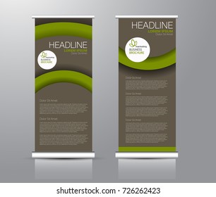 Roll up banner stand template. Abstract background for design,  business, education, advertisement. Green and brown color. Vector  illustration.