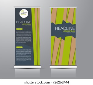 Roll up banner stand template. Abstract background for design,  business, education, advertisement. Green and brown color. Vector  illustration.