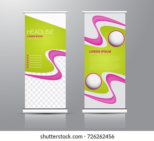 Roll up banner stand template. Abstract background for design,  business, education, advertisement. Pink and green color. Vector  illustration.