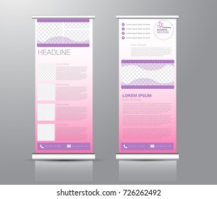 Roll up banner stand template. Abstract background for design,  business, education, advertisement. Pink and purple color. Vector  illustration.