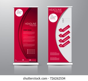 Roll up banner stand template. Abstract background for design,  business, education, advertisement. Red color. Vector  illustration.