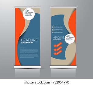 Roll up banner stand template. Abstract background for design,  business, education, advertisement. Blue and orange color. Vector  illustration.