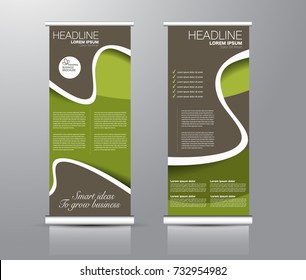 Roll up banner stand template. Abstract background for design,  business, education, advertisement. Brown and green color. Vector  illustration.