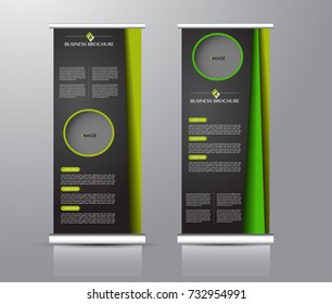 Roll up banner stand template. Abstract background for design,  business, education, advertisement. Green and black color. Vector  illustration.