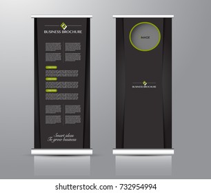 Roll up banner stand template. Abstract background for design,  business, education, advertisement. Green and black color. Vector  illustration.