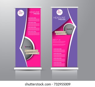 Roll up banner stand template. Abstract background for design,  business, education, advertisement. Purple and pink color. Vector  illustration.