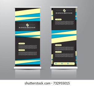 Roll up banner stand template. Abstract background for design,  business, education, advertisement. Blue, yellow, and black color. Vector  illustration.