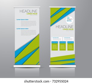 Roll up banner stand template. Abstract background for design,  business, education, advertisement. Blue and green color. Vector  illustration.