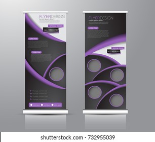 Roll up banner stand template. Abstract background for design,  business, education, advertisement. Purple and black color. Vector  illustration.