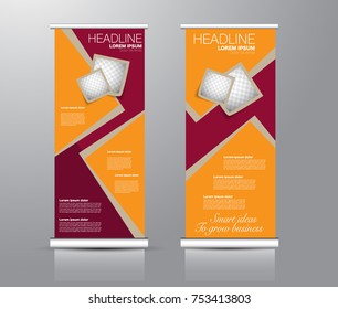Roll up banner stand template. Abstract background for design,  business, education, advertisement. Red and orange color. Vector  illustration.