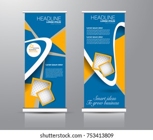 Roll up banner stand template. Abstract background for design,  business, education, advertisement. Blue and orange color. Vector  illustration.