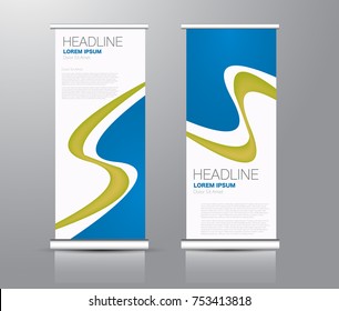 Roll up banner stand template. Abstract background for design,  business, education, advertisement. Blue and green color. Vector  illustration.