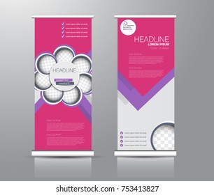 Roll up banner stand template. Abstract background for design,  business, education, advertisement. Purple and pink color. Vector  illustration.