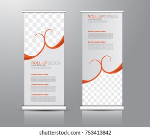 Roll up banner stand template. Abstract background for design,  business, education, advertisement. Red and orange color. Vector  illustration.