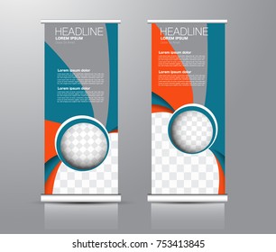 Roll up banner stand template. Abstract background for design,  business, education, advertisement. Blue and orange color. Vector  illustration.